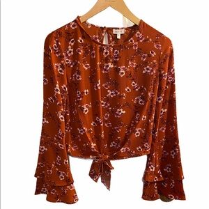 Self Esteem Brown Floral Print Size Extra Small XS Tie Front Bell Sleeve Blouse.